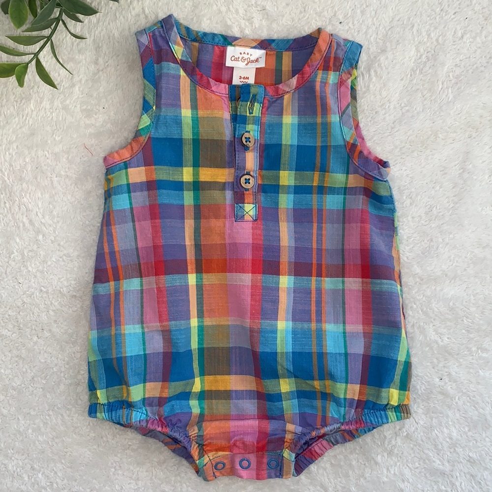 Cat & Jack Plaid Bodysuit Romper Blue Pink Orange EUC 3-6M